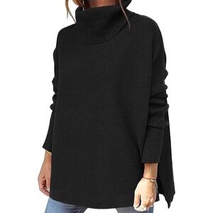 Black Turtleneck Sweater Oversized Split Hem Comfy Cozy Pullover Fall Winter XL